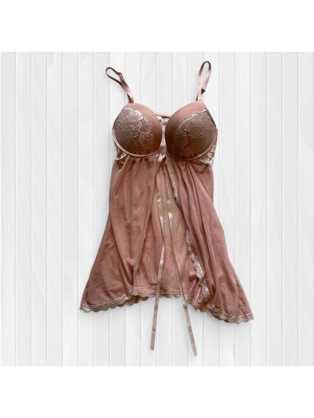 Y2K Pink Lace Babydoll Lingerie Cami Sheer Mesh Floral Lace Adjustable Straps